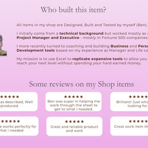 K&ouml;nnte beinhalten: Ein Mann mit einem freundlichen L&auml;cheln ist auf einem rosafarbenen Hintergrund abgebildet. Der Text lautet "Wer hat diesen Artikel gebaut?" und erkl&auml;rt, dass die Artikel im Shop von dem Shop-Besitzer entworfen, gebaut und getestet werden. Der Text beschreibt auch den Hintergrund des Shop-Besitzers als Projektmanager und F&uuml;hrungskraft und wie er zum Coaching und zur Entwicklung von Business- und Personalentwicklungstools &uuml;bergegangen ist. Der Text erw&auml;hnt auch, dass der Shop-Besitzer Excel verwendet, um teure Tools zu replizieren. Das Bild enth&auml;lt auch einen Abschnitt mit dem Titel "Einige Bewertungen zu meinen Shop-Artikeln" mit F&uuml;nf-Sterne-Bewertungen von Kunden.