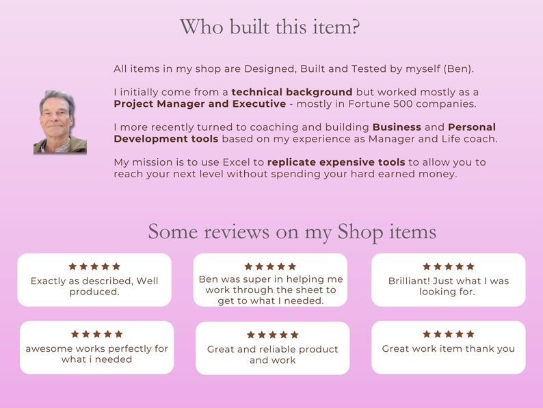 K&ouml;nnte beinhalten: Ein Mann mit einem freundlichen L&auml;cheln ist auf einem rosafarbenen Hintergrund abgebildet. Der Text lautet "Wer hat diesen Artikel gebaut?" und erkl&auml;rt, dass die Artikel im Shop von dem Shop-Besitzer entworfen, gebaut und getestet werden. Der Text beschreibt auch den Hintergrund des Shop-Besitzers als Projektmanager und F&uuml;hrungskraft und wie er zum Coaching und zur Entwicklung von Business- und Personalentwicklungstools &uuml;bergegangen ist. Der Text erw&auml;hnt auch, dass der Shop-Besitzer Excel verwendet, um teure Tools zu replizieren. Das Bild enth&auml;lt auch einen Abschnitt mit dem Titel "Einige Bewertungen zu meinen Shop-Artikeln" mit F&uuml;nf-Sterne-Bewertungen von Kunden.