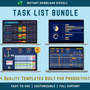 May include: Four laptops displaying task list templates. The screens show charts, tables, and data visualizations. Text at the top reads "INSTANT DOWNLOAD (EXCEL)" and "TASK LIST BUNDLE". The bottom text says "4 QUALITY TEMPLATES BUILT FOR PRODUCTIVITY".
