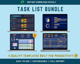 May include: Four laptops displaying task list templates. The screens show charts, tables, and data visualizations. Text at the top reads "INSTANT DOWNLOAD (EXCEL)" and "TASK LIST BUNDLE". The bottom text says "4 QUALITY TEMPLATES BUILT FOR PRODUCTIVITY".