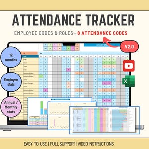 Peut inclure: Un écran d'ordinateur portable affichant un tableur de suivi des présences avec les codes et rôles des employés. Le texte "ATTENDANCE TRACKER" et "8 ATTENDANCE CODES" sont visibles. Comprend "12 mois", "Employee stats" et "Annual / Monthly stats".