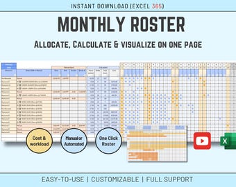 Maandelijks Excel-roostersjabloon | Ploegenschema medewerkers, personeelsplanner, kostencalculator, aanpasbaar werk- en studentenrooster, download
