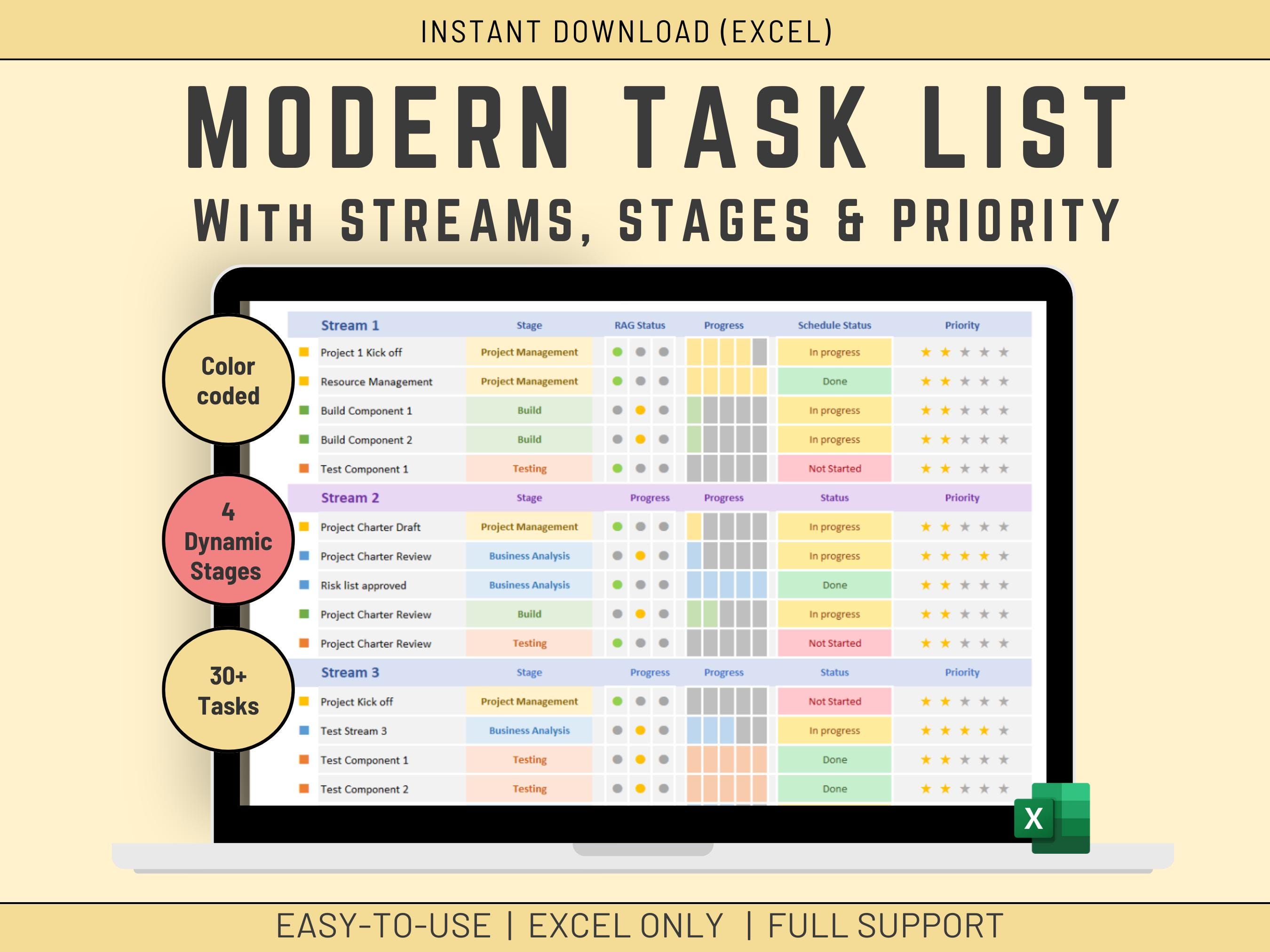 Excel Dashboard with Tasks, Stages and Streams, IT Status Dashboard, Activities, Project Updates, Project Management, Task list, To Do list