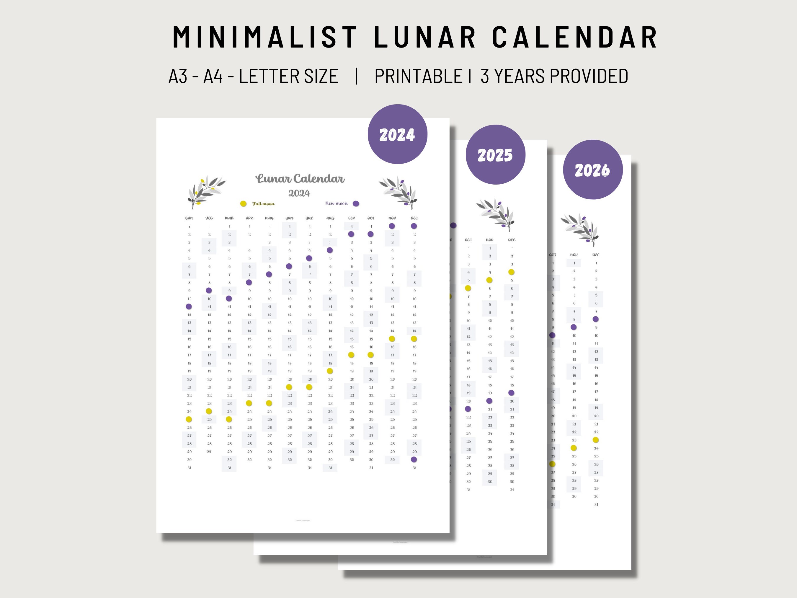 20242026 Full Moon Calendar, New Moon and Quarters Phases, Minimalist