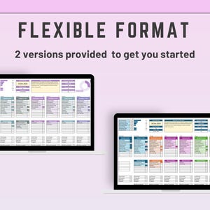 K&ouml;nnte beinhalten: Zwei Screenshots eines Computerbildschirms, die eine Tabellenkalkulation mit einem Kalender und Datentabellen zeigen. Die Tabellenkalkulation tr&auml;gt den Titel "Flexibles Format" und bietet zwei Versionen, um Ihnen den Einstieg zu erleichtern.