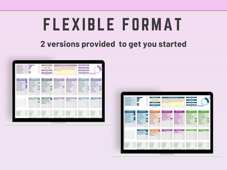 K&ouml;nnte beinhalten: Zwei Screenshots eines Computerbildschirms, die eine Tabellenkalkulation mit einem Kalender und Datentabellen zeigen. Die Tabellenkalkulation tr&auml;gt den Titel "Flexibles Format" und bietet zwei Versionen, um Ihnen den Einstieg zu erleichtern.