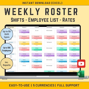 Weekly Roster Excel Template, Employee Shift Scheduler, Staff Rates Planner, Work Schedule Organizer, Team Management Tool, Instant Download