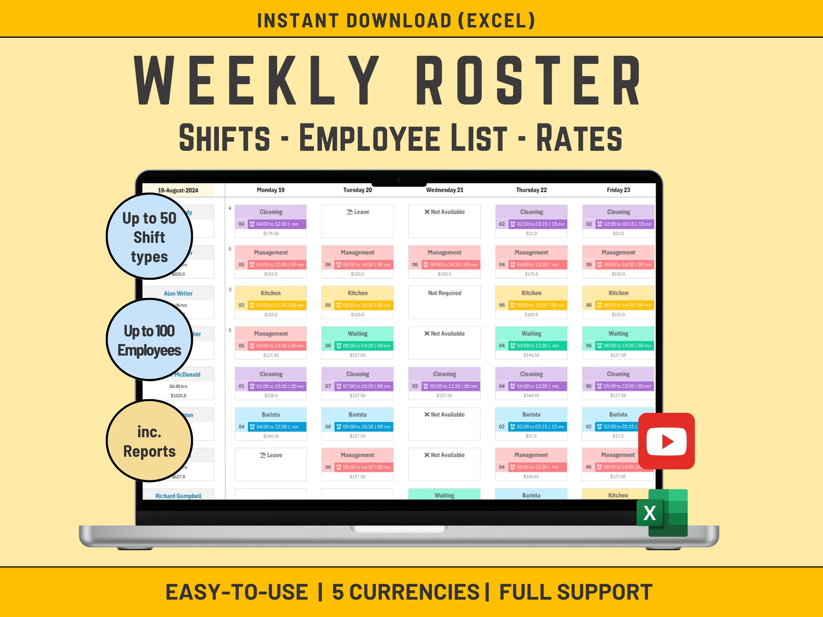 Weekly Roster Excel Template, Employee Shift Scheduler, Staff Rates ...