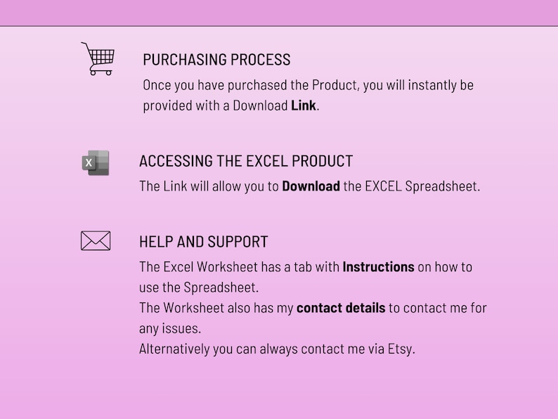 K&ouml;nnte beinhalten: Ein rosa Hintergrund mit wei&szlig;em Text, der den Kaufprozess, den Zugriff auf das Excel-Produkt und Hilfe und Support erkl&auml;rt. Der Text enth&auml;lt die W&ouml;rter "Download-Link", "Download", "Anweisungen" und "Kontaktinformationen".