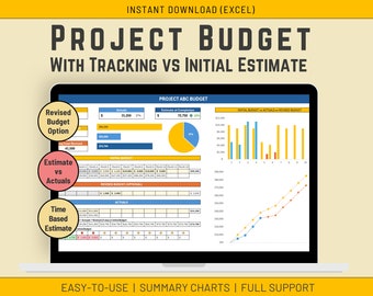 May include: A laptop screen displaying a project budget spreadsheet with charts and graphs. The spreadsheet includes columns for initial budget, actuals, and revised budget. The charts show the relationship between initial budget, actuals, and revised budget over time. The spreadsheet is titled "Project Budget with Tracking vs Initial Estimate".