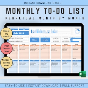 May include: A computer screen displaying a monthly to-do list template in an Excel spreadsheet. The template is designed to track tasks for each day of the month, with a calendar view and a section for task completion. The template is titled "Monthly To-Do List" and "Perpetual Month by Month".