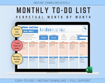 May include: A computer screen displaying a monthly to-do list template in an Excel spreadsheet. The template is designed to track tasks for each day of the month, with a calendar view and a section for task completion. The template is titled "Monthly To-Do List" and "Perpetual Month by Month".