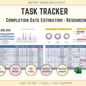 May include: A digital Excel task tracker template with the title "TASK TRACKER" and the subtitle "COMPLETION DATE ESTIMATION - RESOURCING". The template includes charts, graphs, and tables for project management, with labels like "20+ Resources" and "100 Tasks".