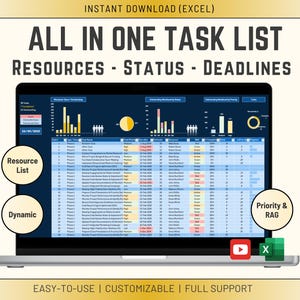 Op de afbeelding: Een laptopscherm toont een Excel-takenlijst met de titel "ALL IN ONE TASK LIST". Het scherm toont datavisualisaties en een gedetailleerde tabel met kolommen voor resources, status en deadlines. De afbeelding bevat de tekst "INSTANT DOWNLOAD (EXCEL)".