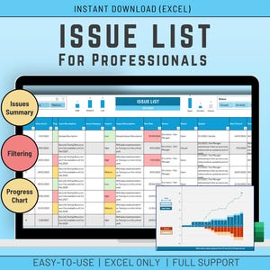 Issue List in Excel | tracker | Issue Log | Project Management Dashboard | Digital Instant Download