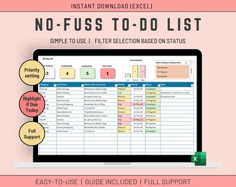 Excel Simple To Do List with Priority & Status Slicer (Excel Template), Digital download, Task list.