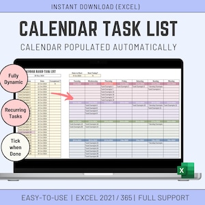 Puede incluir: Una pantalla de computadora portátil que muestra una hoja de cálculo de lista de tareas de calendario. La hoja de cálculo está codificada por colores e incluye columnas para la fecha, la tarea y el estado de finalización. La hoja de cálculo está etiquetada como "Lista de tareas basada en el calendario" y "Calendario poblado automáticamente". La hoja de cálculo también incluye una sección para tareas recurrentes y una sección para tareas totalmente dinámicas. La hoja de cálculo está diseñada para ser utilizada con Microsoft Excel.