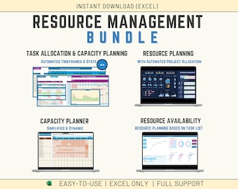 Excel Resource Management Bundle of 4 Templates: Capacity Planning & Task Allocation Workload Utilization, Project Assignment and Scheduling