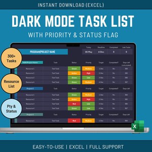 May include: A laptop screen displays a dark mode task list with priority and status flags. The screen shows a table with columns for task, status, priority, target, and completion. The image includes the text "300+ Tasks", "Resource List", and "Pty & Status".