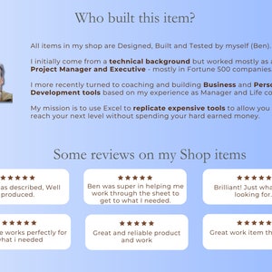 May include: A man with a friendly smile is pictured against a blue background. The text reads "Who built this item?" and explains that the shop owner is a former Project Manager and Executive who now creates Business and Personal Development tools. The text also states that the shop owner uses Excel to replicate expensive tools. The image also shows five customer reviews with five stars each.