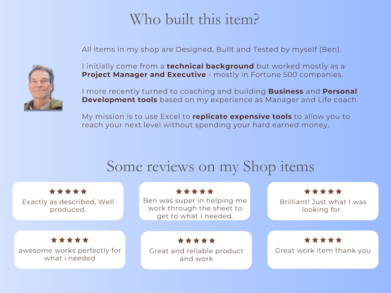 May include: A man with a friendly smile is pictured against a blue background. The text reads "Who built this item?" and explains that the shop owner is a former Project Manager and Executive who now creates Business and Personal Development tools. The text also states that the shop owner uses Excel to replicate expensive tools. The image also shows five customer reviews with five stars each.