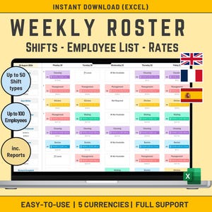 Modèle Excel de fichier hebdomadaire, planificateur de quarts de travail, planificateur de taux du personnel