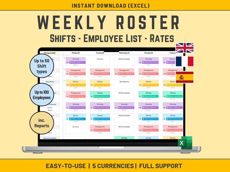 Weekly Roster Excel Template, Employee Shift Scheduler, Staff Rates ...