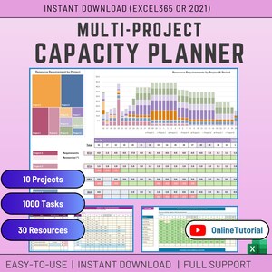 May include: A digital capacity planner for Excel 365 or 2021, featuring charts and graphs. The image displays a spreadsheet with data visualization, including 10 projects, 1000 tasks, and 30 resources. The text reads "EASY-TO-USE | INSTANT DOWNLOAD | FULL SUPPORT".