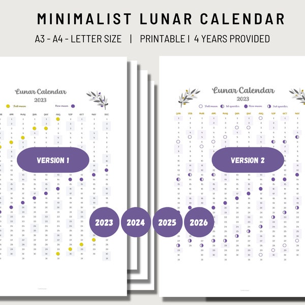 2023-2026 Full moon Calendar,  New Moon and Quarters Phases, Minimalist and simple, Astrology, Lunar Printable to frame, Letter A3 and A4