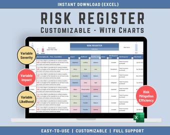 Pode incluir: Tela de laptop exibindo um modelo de registro de risco personalizável com gráficos. O texto inclui "Risk Register", "Customizable" e "Easy-to-Use". O design apresenta seções codificadas por cores e um ícone do Excel.