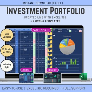 Excel-sjabloon beleggingsportefeuille, live updates, aandelen- en ETF's-tracker, Excel 365