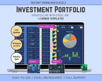 Modello Excel per portafoglio di investimenti, aggiornamenti in tempo reale, tracker di azioni ed ETF, Excel 365