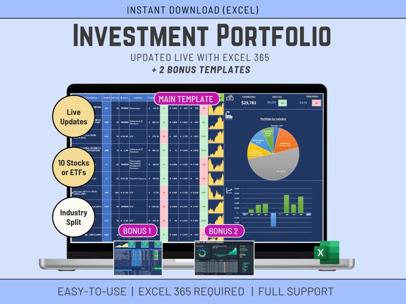 Investment Portfolio Excel Template, Live Updates, Stocks & ETFs Tracker, Excel 365 image 1