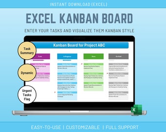 Excel Kanban Board Template: Customizable Task Tracker (Digital Download)
