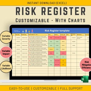 May include: A digital Risk Register template displayed on a laptop screen. The document is labelled "Risk Register" and includes charts and the text "CUSTOMISABLE - WITH CHARTS". The image also includes the text "EASY-TO-USE | CUSTOMISABLE | FULL SUPPORT".