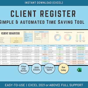 Może przedstawiać: Cyfrowy arkusz kalkulacyjny zatytułowany "Client Register" z polami danych dla informacji o kliencie. Obraz zawiera tekst "Simple & Automated Time Saving Tool" i "Easy-to-Use | Excel 2021 or Above | Full Support."