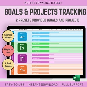 Peut inclure: Un écran d'ordinateur portable affichant une feuille de calcul avec un graphique coloré pour le suivi des objectifs et des projets. Le graphique est divisé en quatre sections : initiation, planification, exécution et clôture. Chaque section a une icône correspondante et une liste de tâches. La feuille de calcul est intitulée "Suivi des objectifs et des projets" et comprend le texte "2 préréglages fournis (objectifs et projet)".