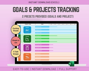 Op de afbeelding: Een laptopscherm dat een spreadsheet toont met een kleurrijk diagram voor het bijhouden van doelen en projecten. Het diagram is verdeeld in vier secties: initiatie, planning, uitvoering en afsluiting. Elke sectie heeft een bijbehorend pictogram en een lijst met taken. De spreadsheet heeft de titel "Doelen & Projecten bijhouden" en bevat de tekst "2 Voorinstellingen geleverd (Doelen en Project)".