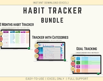 Op de afbeelding: Een digitale productbundel voor het bijhouden van gewoontes. De bundel bevat drie Excel-spreadsheets: een 12-maands gewoontetracker, een tracker met categorieën en een doeltracker. De afbeelding toont een screenshot van elk spreadsheet.