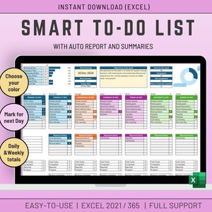 May include: A laptop screen displaying a colorful to-do list template in Excel. The template includes daily and weekly task lists, a color-coded system for prioritizing tasks, and a section for tracking progress. The text "SMART TO-DO LIST" is displayed at the top of the screen.