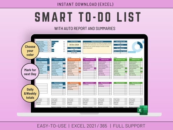 Weekly To-Do List with Automated Backlog in Excel Template | Color Coded Digital Product