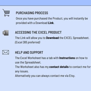 May include: A blue and white graphic with text describing the purchasing process, accessing the Excel product, and help and support. The text includes the words "Download Link", "Download the EXCEL Spreadsheet", and "Instructions".