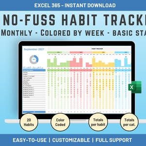 Op de afbeelding: Een laptopscherm toont een digitale habit tracker voor september 2027. De Excel-spreadsheet is per week gecodeerd met kleuren en bevat basisstatistieken. De tracker is gelabeld "No-Fuss Habit Tracker" en bevat de tekst "20 Habits", "Color Coded", "Totals per habit" en "Totals per cat."