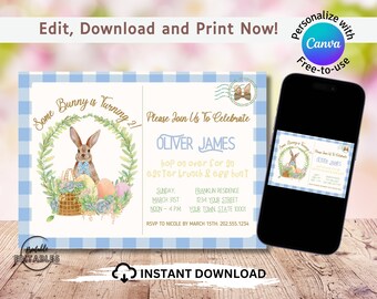Easter Birthday Postcard Invitation - Blue Gingham Bunny (Editable, Digital Download)
