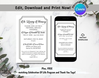 Ornate Gray Frame Funeral Invitation Template (Digital Download)