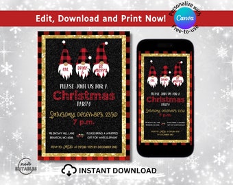 May include: Printable Christmas party invitation with a black background, red and black buffalo plaid border, gold glitter, and three gnomes with the text "Eat, Drink & Be Merry". The text on the invitation reads "Please join us for a Christmas Party, Saturday December 23rd, 7 p.m., 951 Snowy Hill Lane, Branson, MO 65646, Please bring a wrapped gift for White Elephant, RSVP to Jack at (417) 324-4724 by December 2nd."