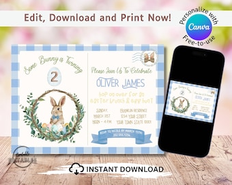Easter Birthday Invitation – Gingham Bunny Postcard (Editable, Digital Download)