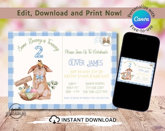 Easter Birthday Invitation – Bunny Gingham Postcard (Editable)