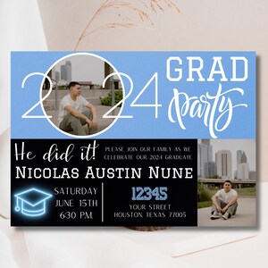 Graduation Invite 2024 Digital Template, Modern Grad Invitation Light Blue Digital, Grad Announcement Template, Editable, Instant Download