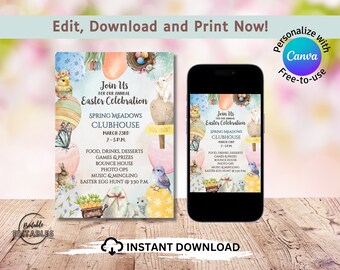 Watercolor Easter Celebration Invitation – Editable Evite (Instant Download)